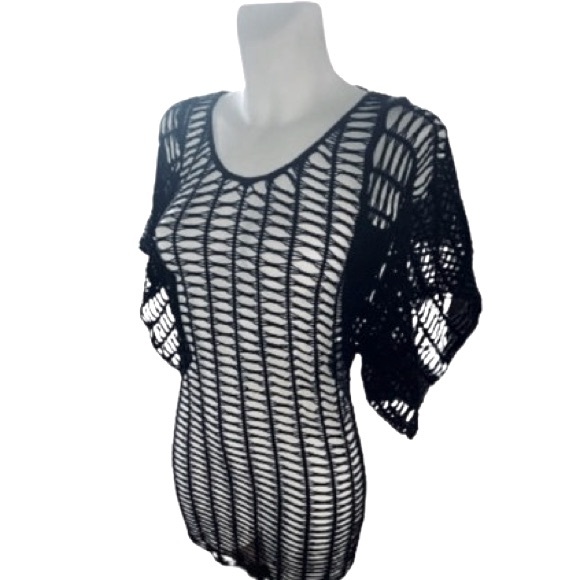 Bebe Solid Black Mesh Fishnet Bat Wing Sleeves Mini Dress / Swim Cover Up Small - Picture 9 of 13